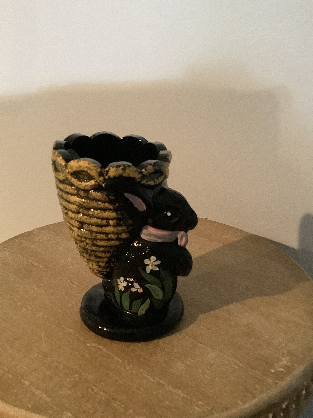 Fenton Hand-Painted Black Bunny Vase with Gold Basket Accent